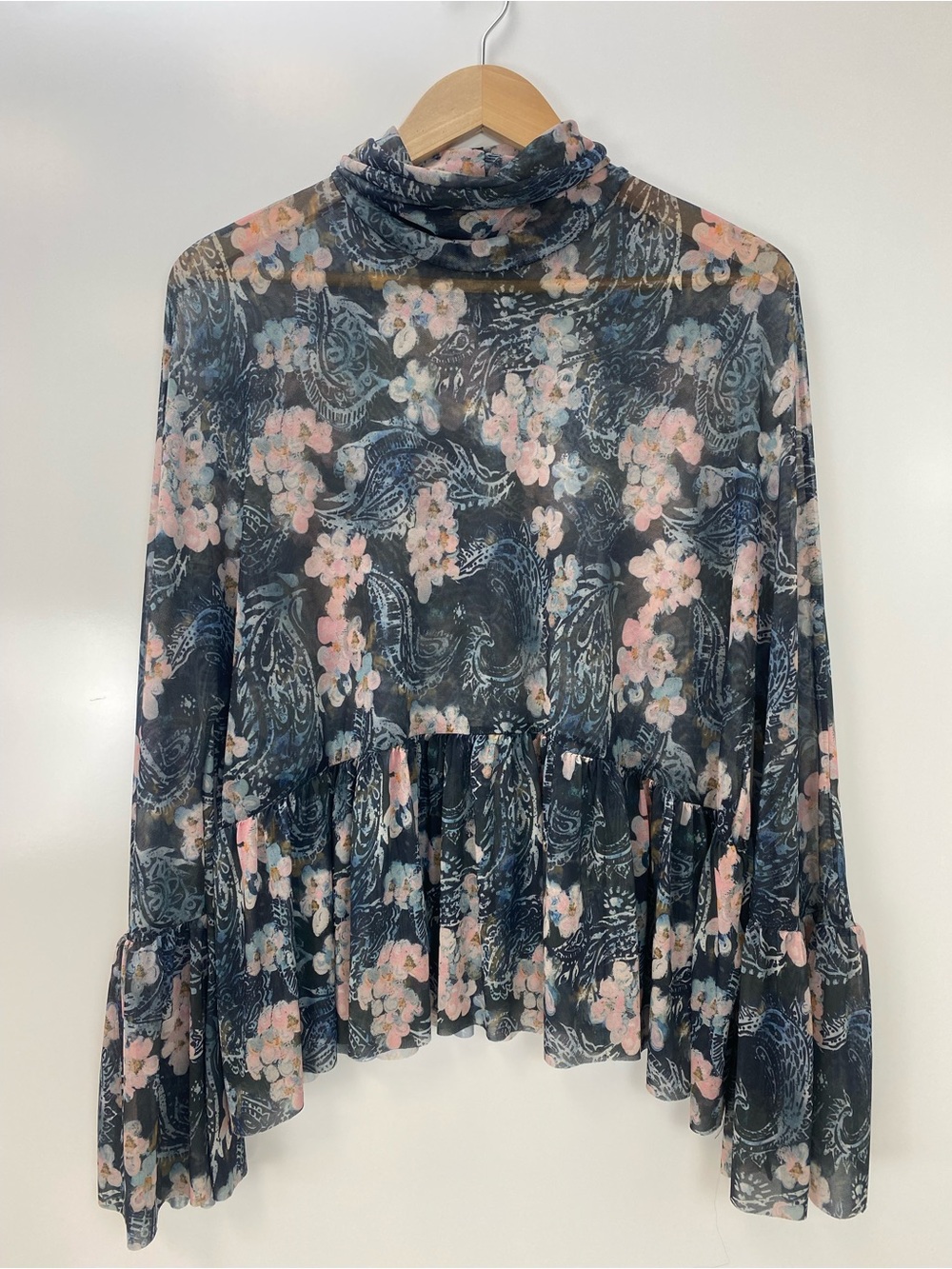 Zara Navy Mock Neck Long Sleeve Blouse with Pink Floral Print
